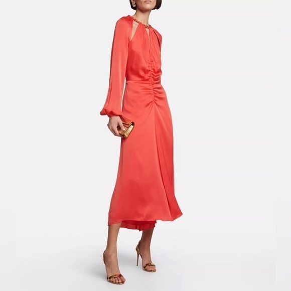 NWT VERONICA BEARD Fayla Silk Satin Ruched Chain Neck Midi Dress watermelon 8 - Picture 1 of 10